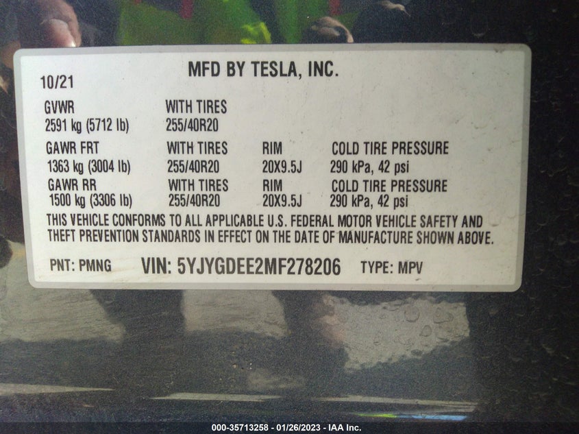 VIN 5YJYGDEE2MF278206 2021 TESLA MODEL Y LONG RANGE