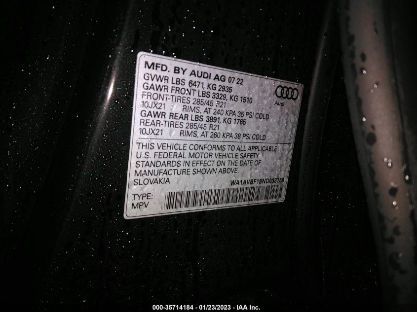2022 AUDI Q8 PREMIUM WA1AVBF18ND033758