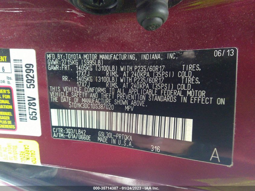 2013 TOYOTA SIENNA XLE AAS/XLE/LTD - 5TDYK3DC1DS387020