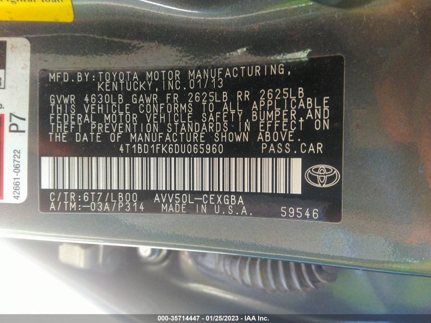 2013 TOYOTA CAMRY HYBRID LE/XLE 4T1BD1FK6DU065960