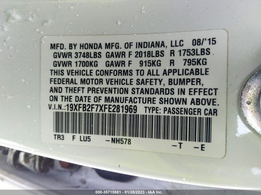 2015 HONDA CIVIC SEDAN SE 19XFB2F7XFE281969