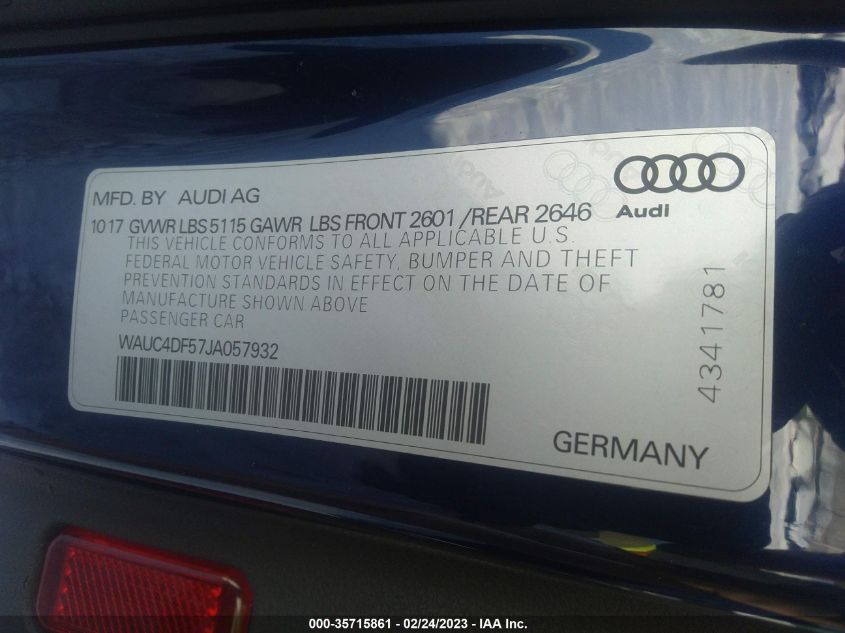 2018 AUDI S5 SPORTBACK PRESTIGE WAUC4DF57JA057932