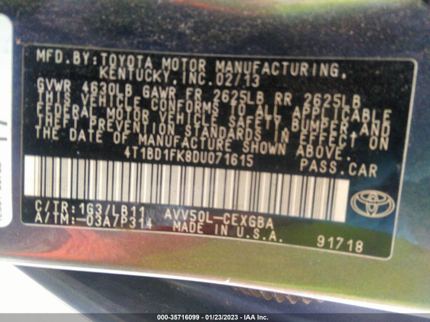 2013 TOYOTA CAMRY HYBRID XLE 4T1BD1FK8DU071615