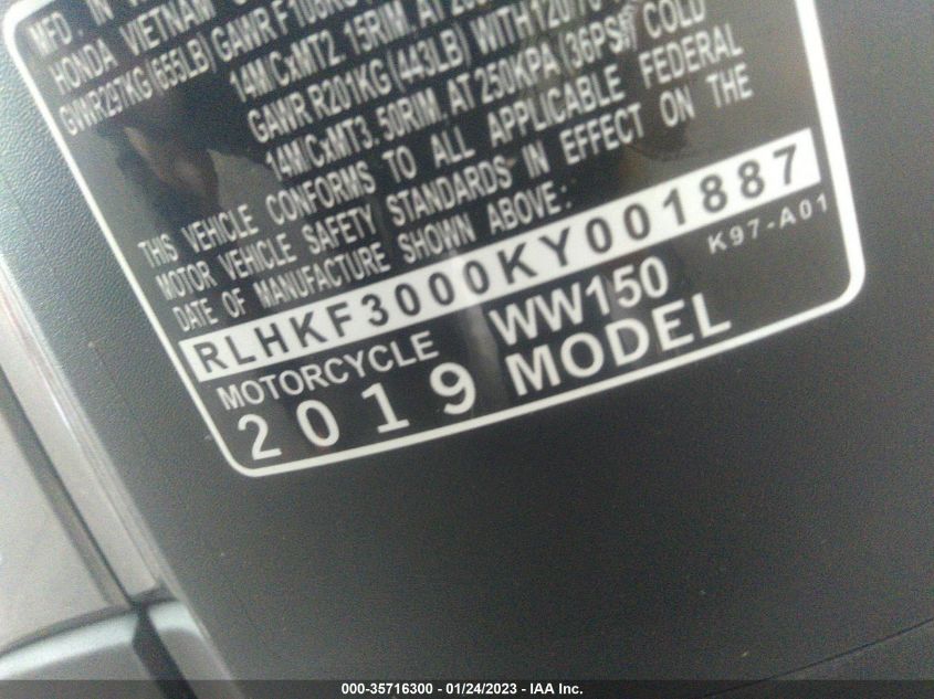 2019 HONDA WW150 RLHKF3000KY001887