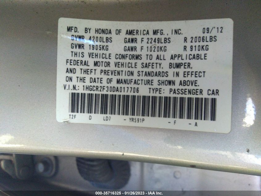 2013 HONDA ACCORD SDN LX 1HGCR2F30DA017706