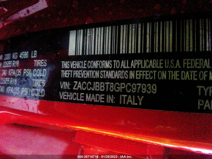 2016 JEEP RENEGADE LATITUDE ZACCJBBT8GPC97939
