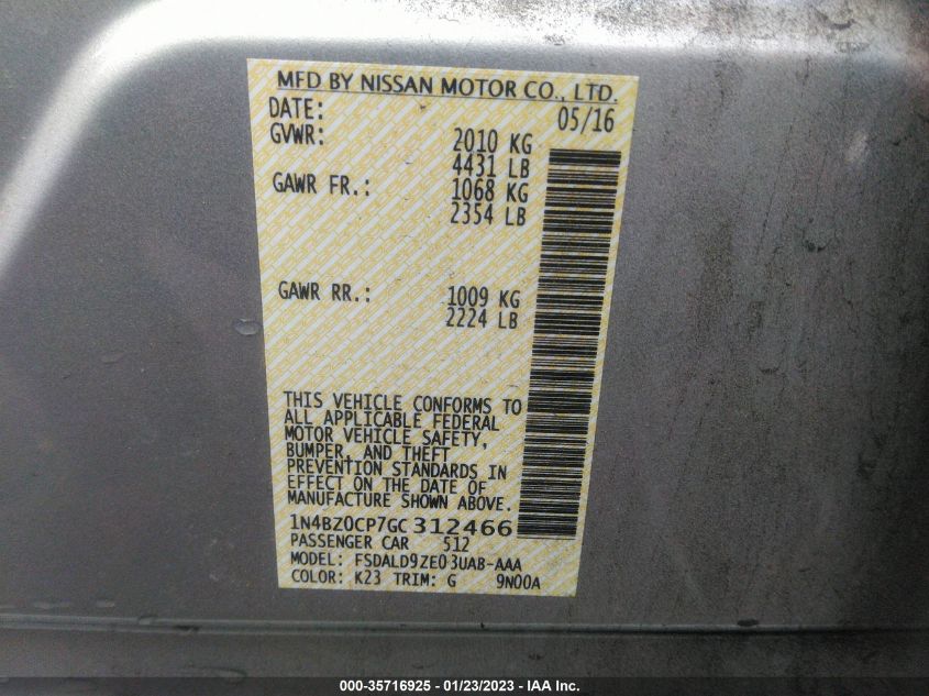 2016 NISSAN LEAF SV 1N4BZ0CP7GC312466