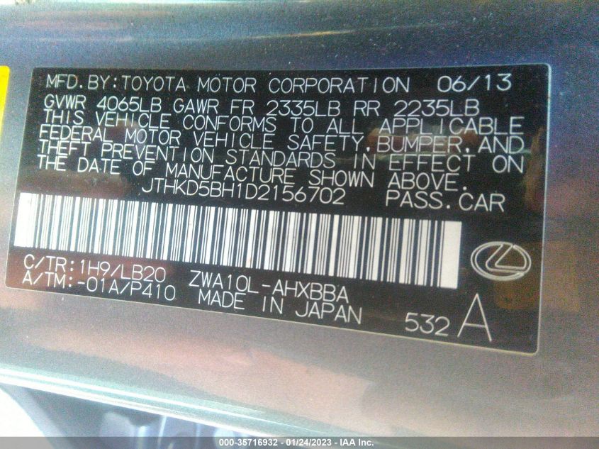 2013 LEXUS CT 200H HYBRID - JTHKD5BH1D2156702