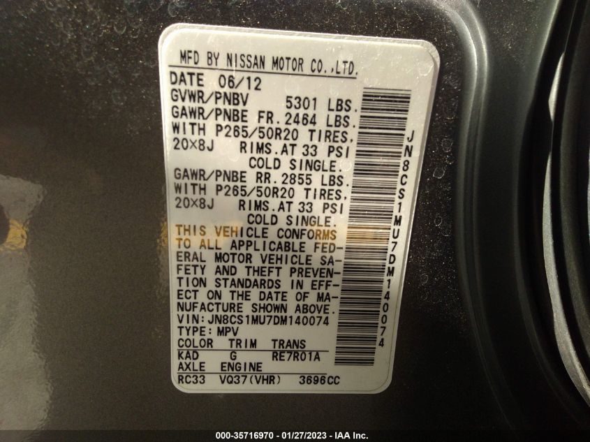 2013 INFINITI FX37 - JN8CS1MU7DM140074