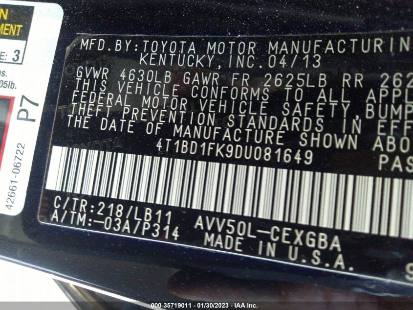 2013 TOYOTA CAMRY HYBRID LE/XLE 4T1BD1FK9DU081649