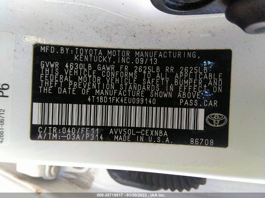 2014 TOYOTA CAMRY HYBRID LE/XLE/SE LIMITED EDITION 4T1BD1FK4EU099140