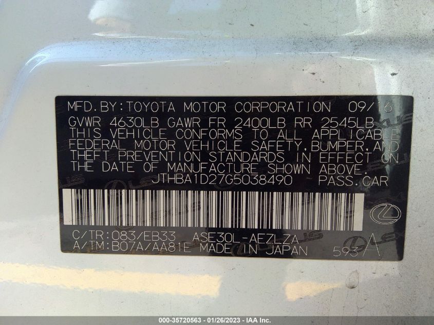 2016 LEXUS IS 200T JTHBA1D27G5038490