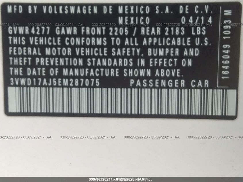 2014 VOLKSWAGEN JETTA SEDAN SE W/CONNECTIVITY 3VWD17AJ5EM287075