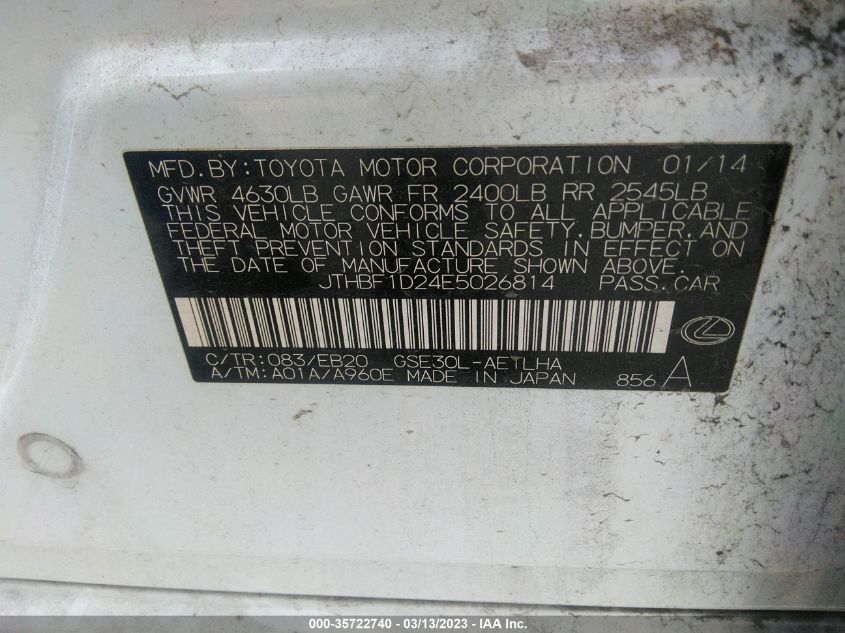 2014 LEXUS IS 250 - JTHBF1D24E5026814