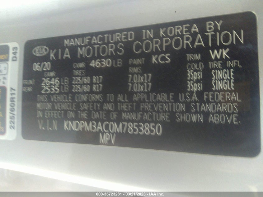 VIN KNDPM3AC0M7853850 2021 KIA SPORTAGE LX