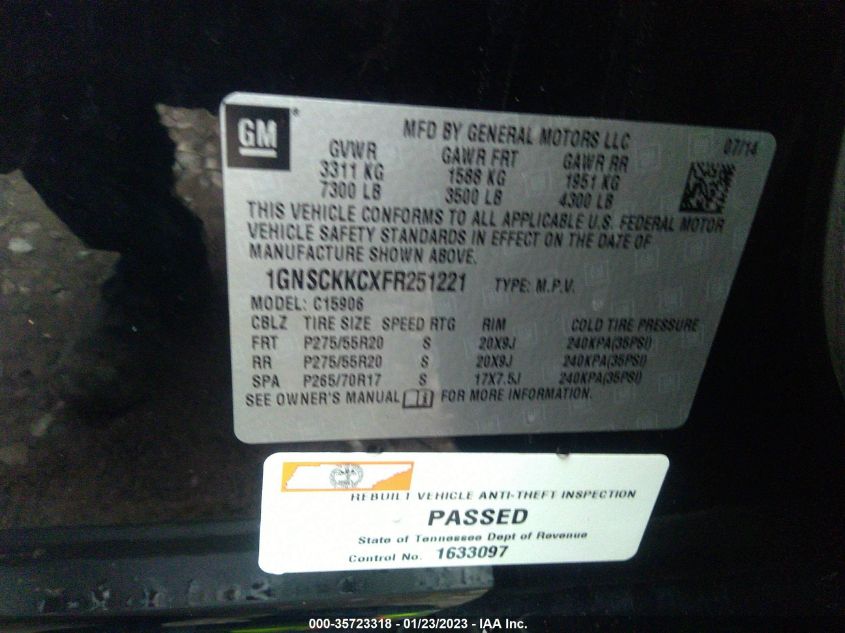 2015 CHEVROLET SUBURBAN LTZ 1GNSCKKCXFR251221