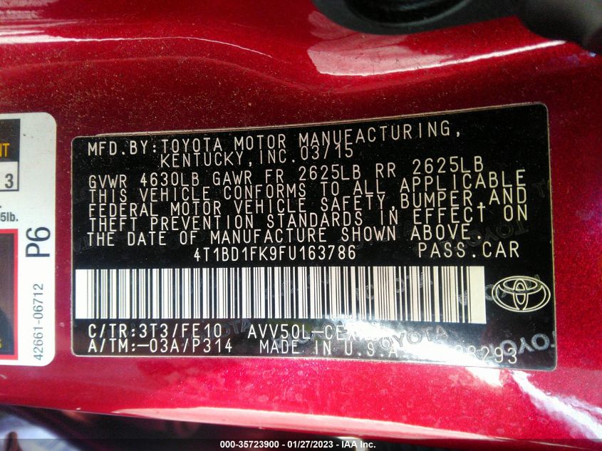 2015 TOYOTA CAMRY HYBRID LE/XLE/SE 4T1BD1FK9FU163786