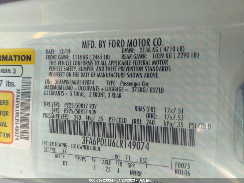 2020 FORD FUSION HYBRID VIN: 3FA6P0LU6LR149074