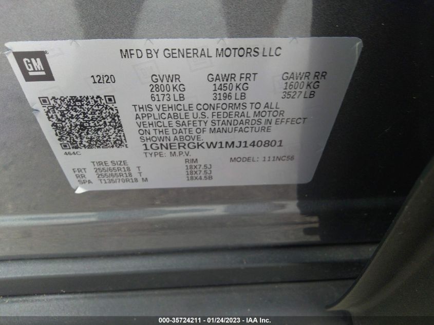 1GNERGKW1MJ140801 Chevrolet Traverse LT CLOTH 9