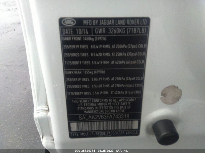 2015 LAND ROVER LR4 LUX SALAK2V63FA743318