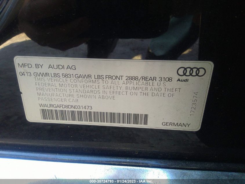 2013 AUDI A8 L 3.0L WAURGAFD8DN031473