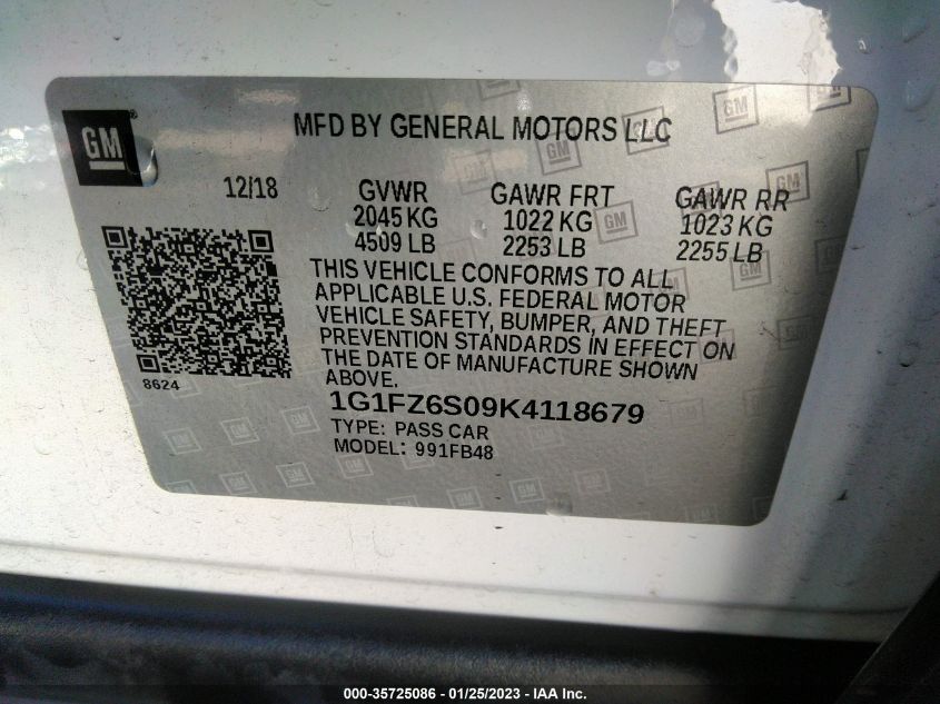 2019 CHEVROLET BOLT EV PREMIER 1G1FZ6S09K4118679