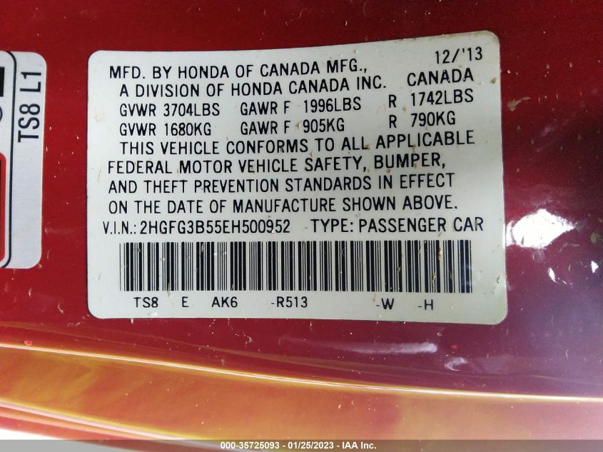 2014 HONDA CIVIC COUPE LX 2HGFG3B55EH500952