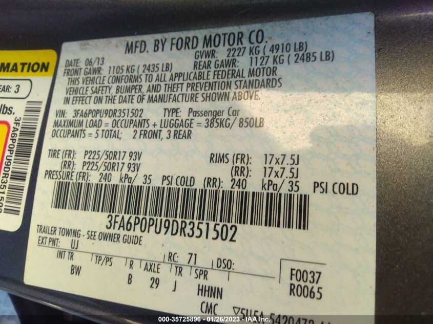 2013 FORD FUSION ENERGI SE LUXURY 3FA6P0PU9DR351502