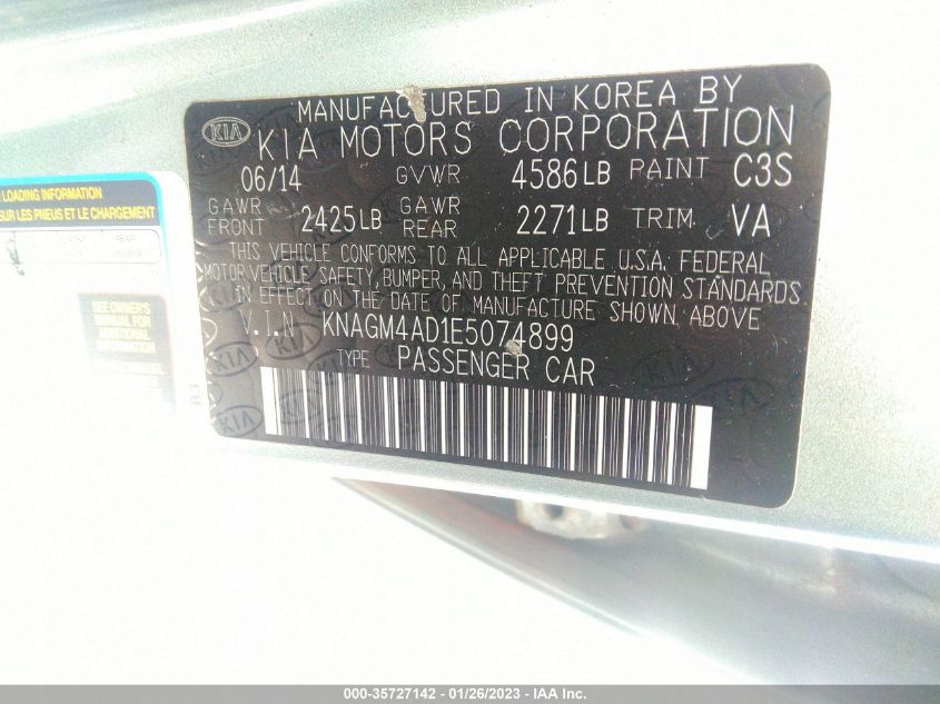 2014 KIA OPTIMA HYBRID LX KNAGM4AD1E5074899