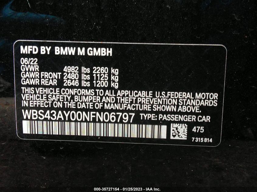 WBS43AY00NFN06797 2022 BMW M3, photo no. 9