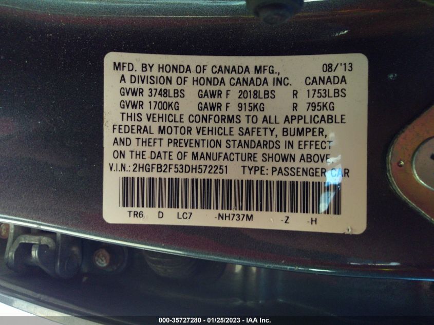 2013 HONDA CIVIC SDN LX 2HGFB2F53DH572251