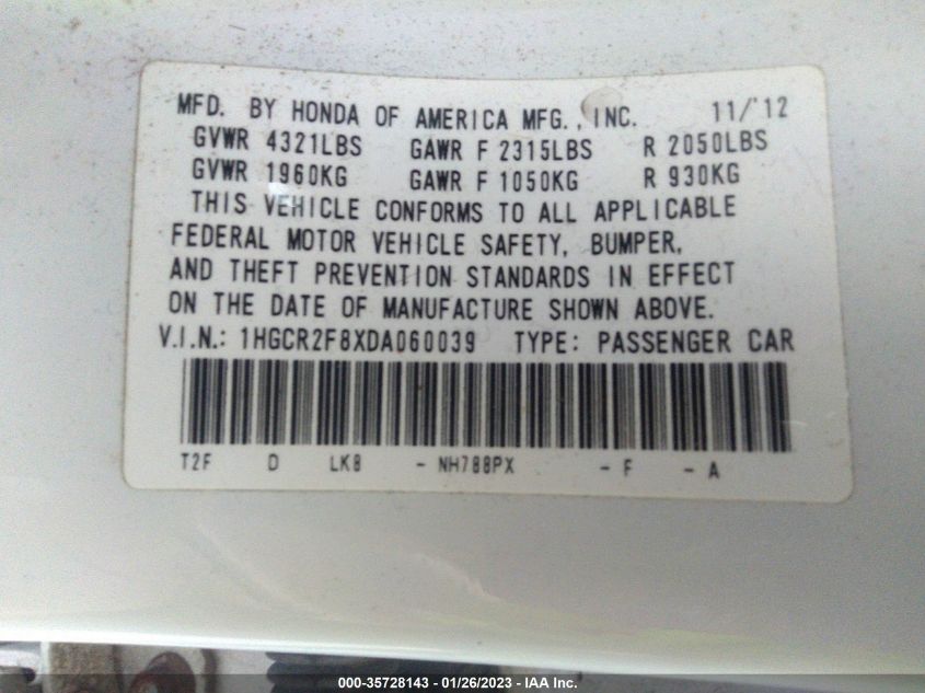 2013 HONDA ACCORD EX-L - 1HGCR2F8XDA060039