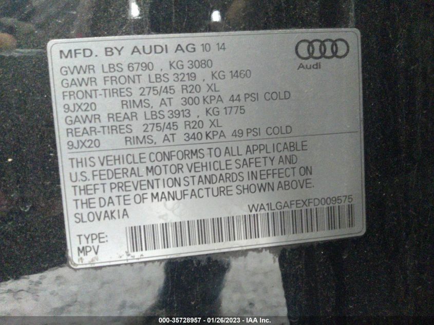2015 AUDI Q7 3.0T PREMIUM PLUS WA1LGAFEXFD009575