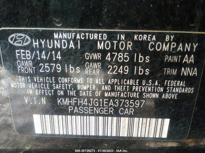 2014 HYUNDAI AZERA LIMITED KMHFH4JG1EA373597