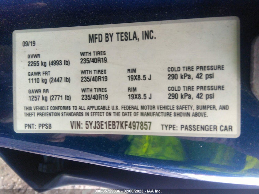 VIN 5YJ3E1EB7KF497857 2019 TESLA MODEL 3 LONG RANGE/PERFORMANCE