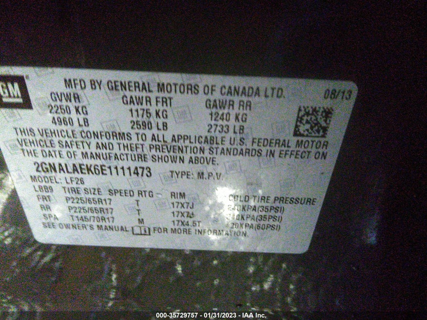2014 CHEVROLET EQUINOX VIN: 2GNALAEK6E1111473