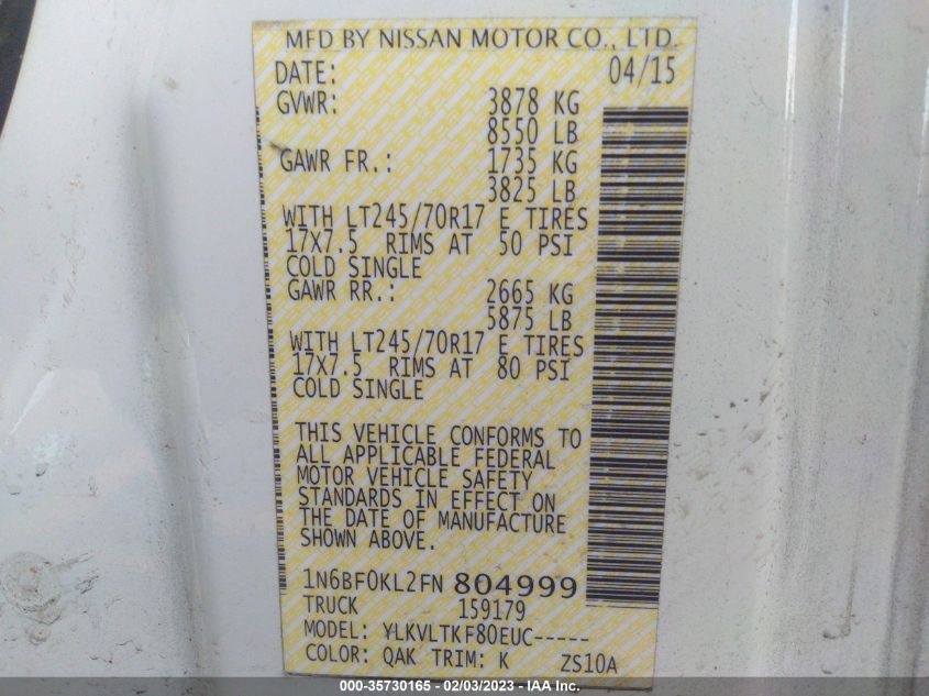 2015 NISSAN NV SV 1N6BF0KL2FN804999
