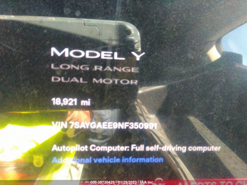 2022 TESLA MODEL Y LONG RANGE - 7SAYGAEE9NF350991