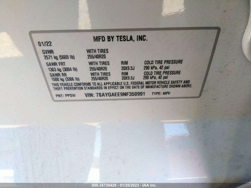 2022 TESLA MODEL Y LONG RANGE - 7SAYGAEE9NF350991