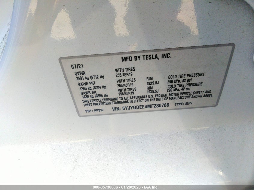 VIN 5YJYGDEE4MF230786 2021 TESLA MODEL Y LONG RANGE