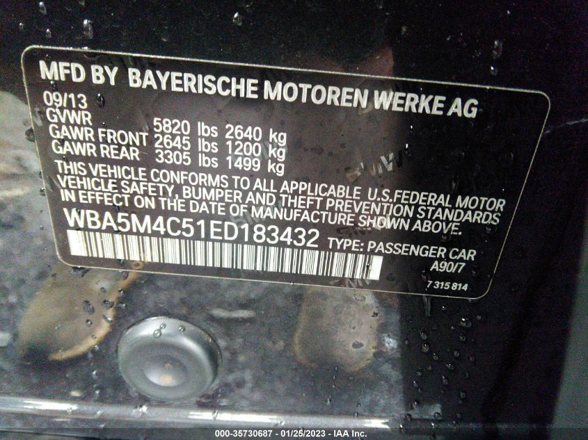 2014 BMW 5 SERIES GRAN TURISMO 535I XDRIVE WBA5M4C51ED183432