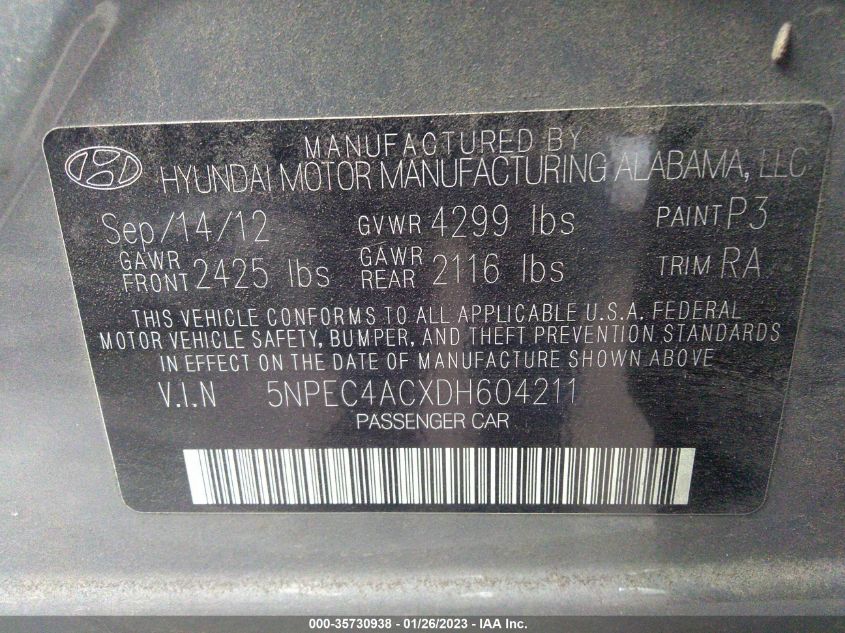 2013 HYUNDAI SONATA LIMITED - 5NPEC4ACXDH604211