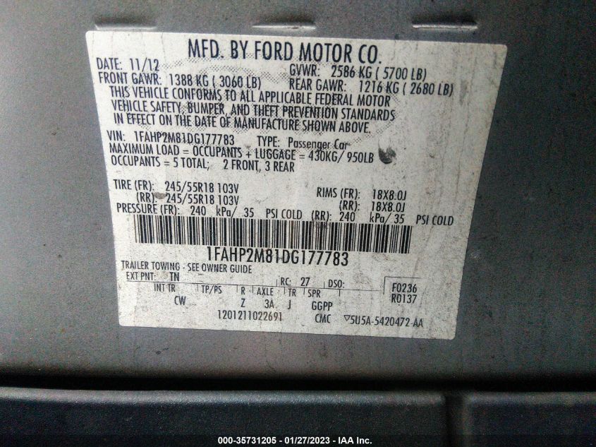 2013 FORD SEDAN POLICE INTERCEPTOR 1FAHP2M81DG177783