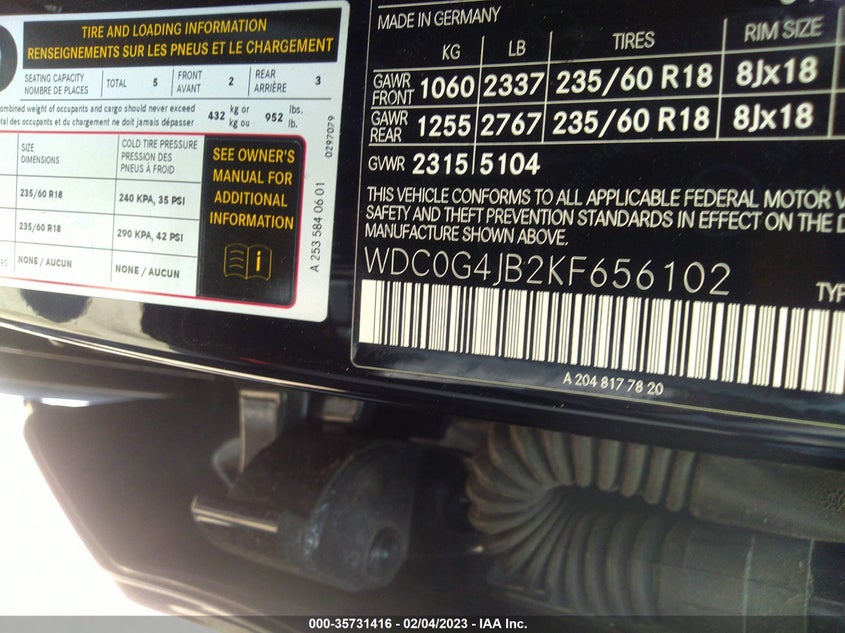 VIN WDC0G4JB2KF656102 2019 MERCEDES-BENZ GLC GLC 300