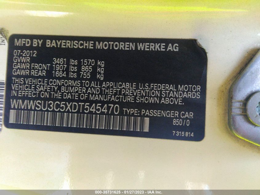 2013 MINI COOPER HARDTOP WMWSU3C5XDT545470