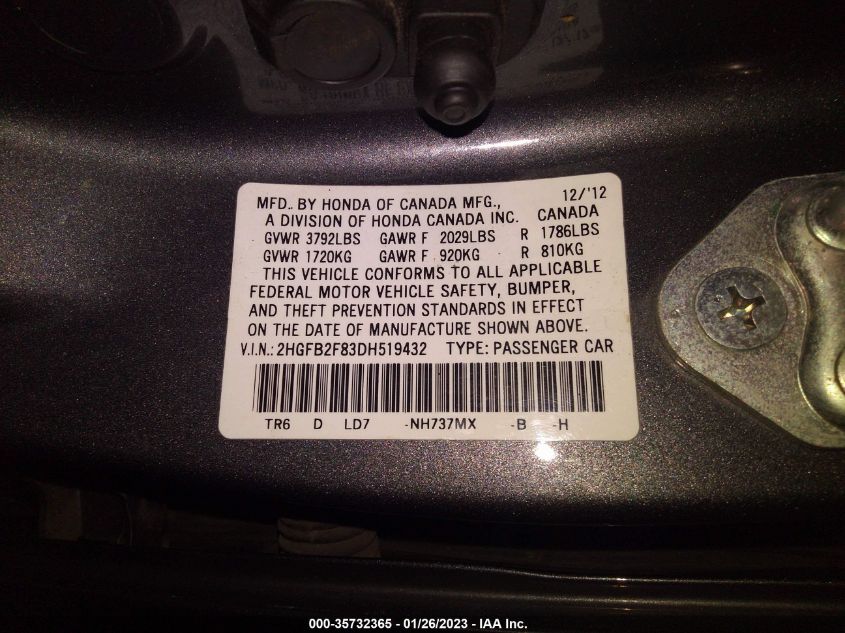 2013 HONDA CIVIC SDN EX 2HGFB2F83DH519432