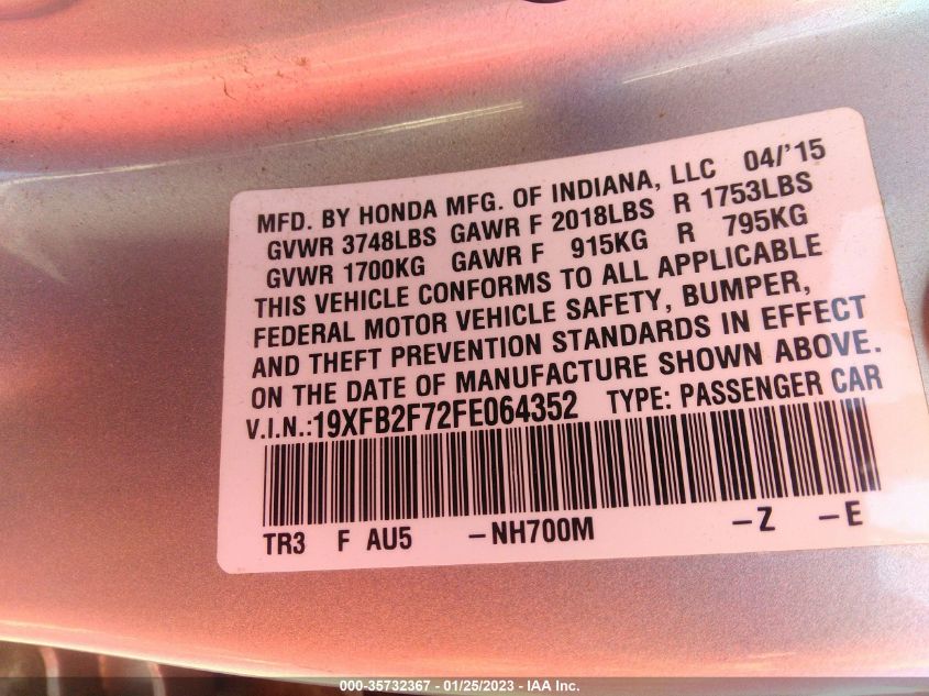 2015 HONDA CIVIC SEDAN SE 19XFB2F72FE064352