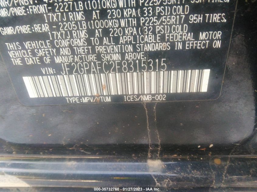 2015 SUBARU XV CROSSTREK PREMIUM JF2GPAFC2F8315315