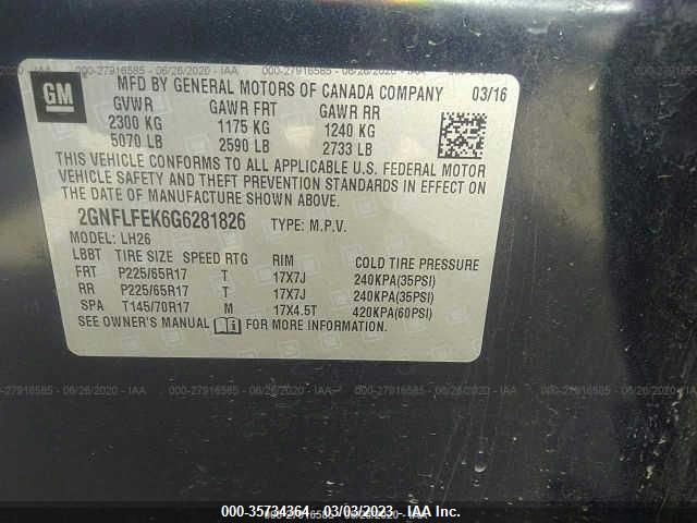 2016 CHEVROLET EQUINOX LT 2GNFLFEK6G6281826