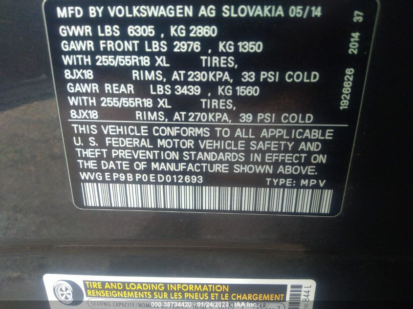 2014 VOLKSWAGEN TOUAREG SPORT W/NAV WVGEP9BP0ED012693